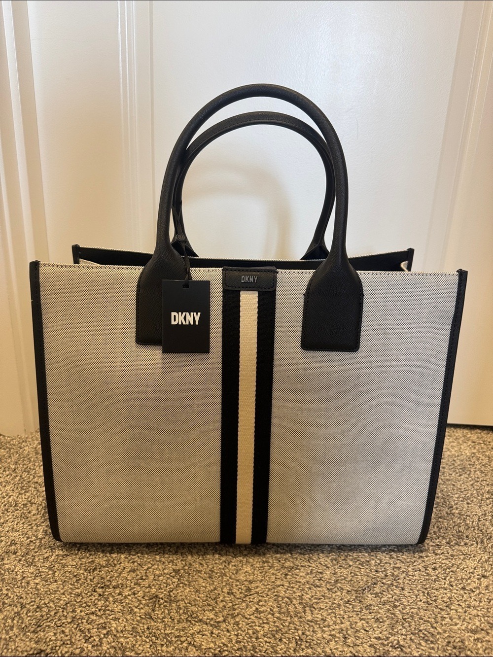 DKNY Black and Cream Canvas Stripe Tote - Picture 2 of 9